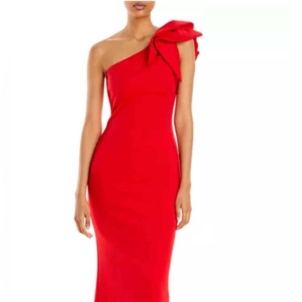 AQUA Red One-Shoulder Scuba Gown | Size 8 | Ruffle Shoulder Formal Dress